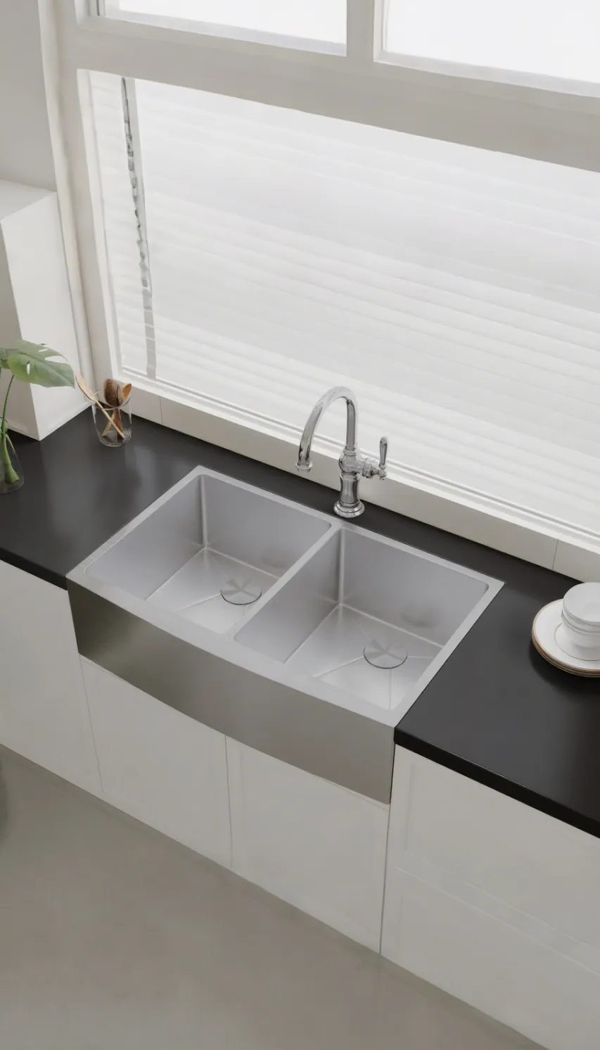 Corner kitchen sink with angled design in stainless steel, embedded in gray countertop with white cabinets, window with blinds, and wooden cutting board visible